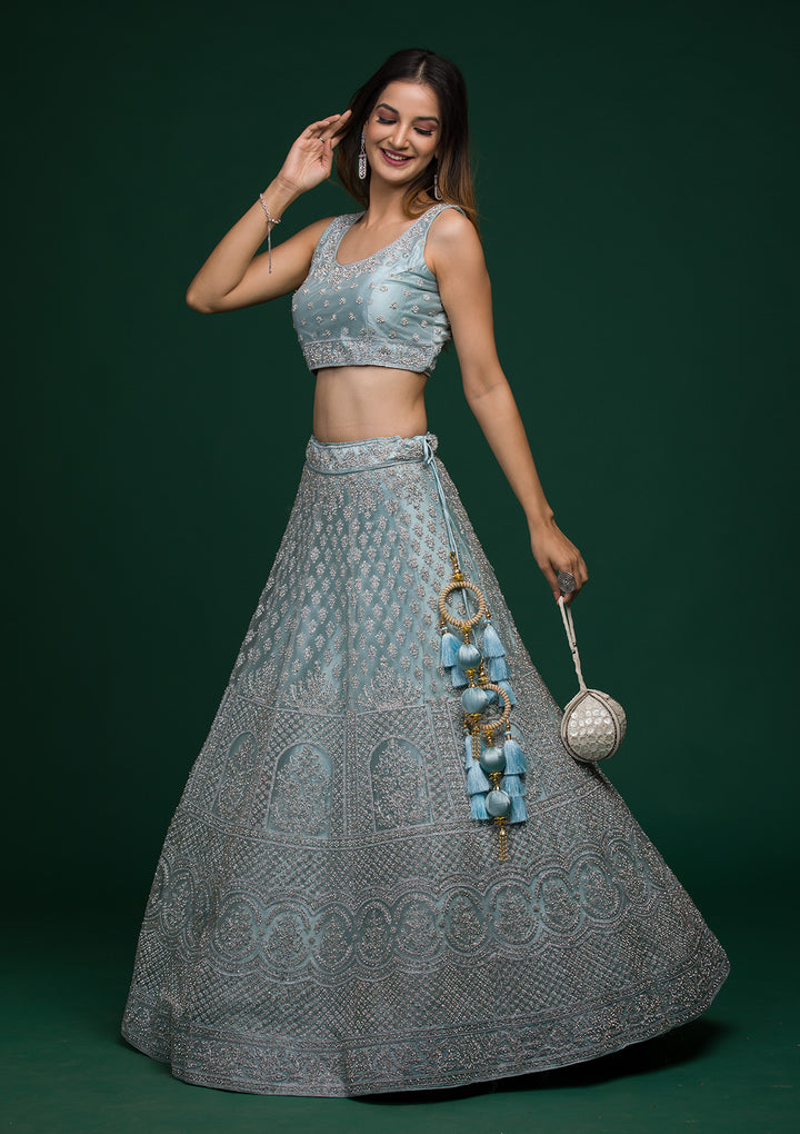 Sky Blue Silver Stonework Net Lehenga-Koskii