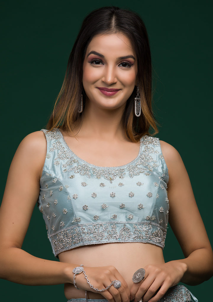 Sky Blue Silver Stonework Net Lehenga-Koskii
