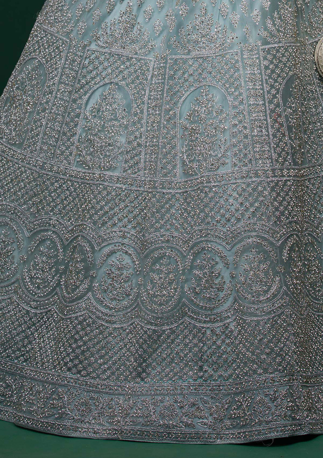 Sky Blue Silver Stonework Net Lehenga-Koskii