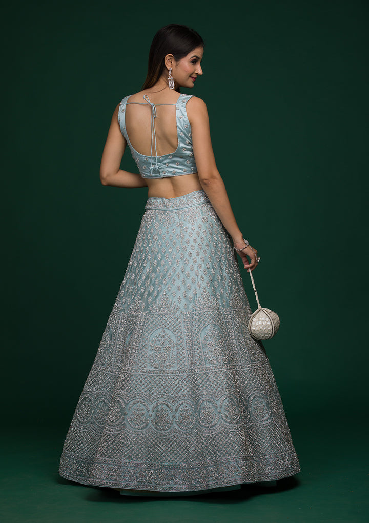 Sky Blue Silver Stonework Net Lehenga-Koskii
