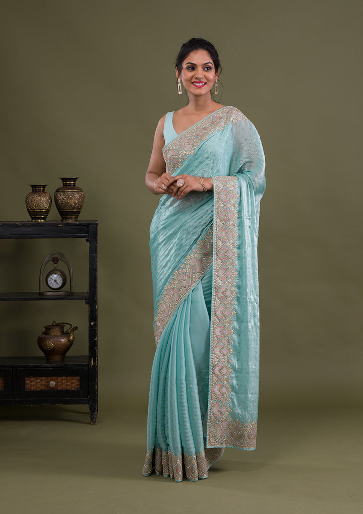 Sky Blue Stonework Satin Saree-Koskii