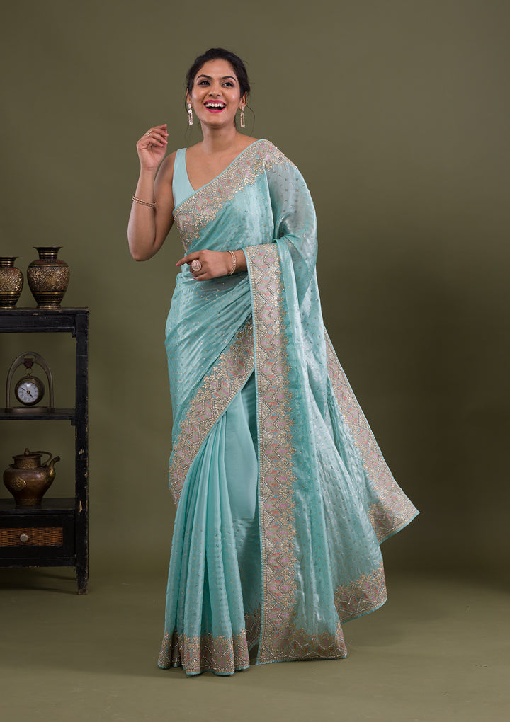Sky Blue Stonework Satin Saree-Koskii