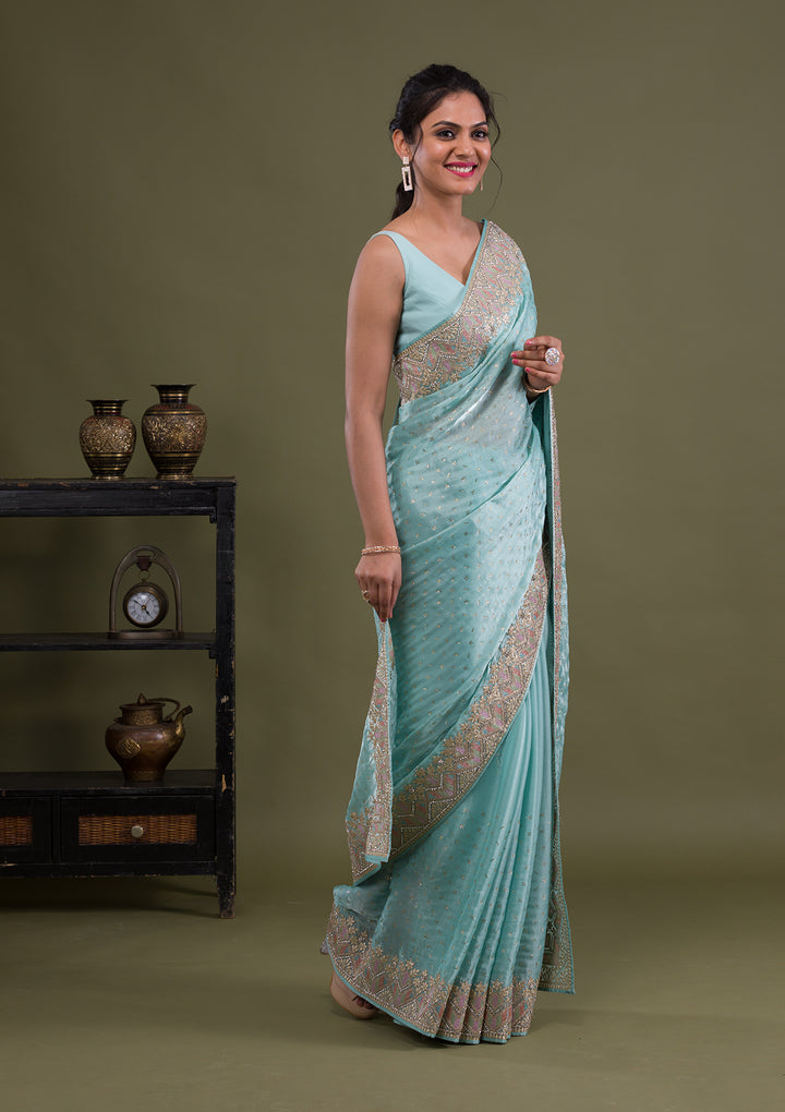Sky Blue Stonework Satin Saree-Koskii