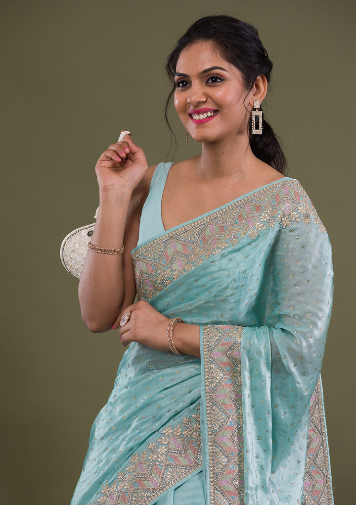 Sky Blue Stonework Satin Saree-Koskii