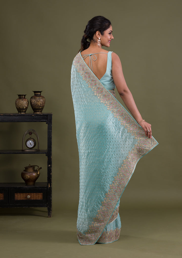 Sky Blue Stonework Satin Saree-Koskii