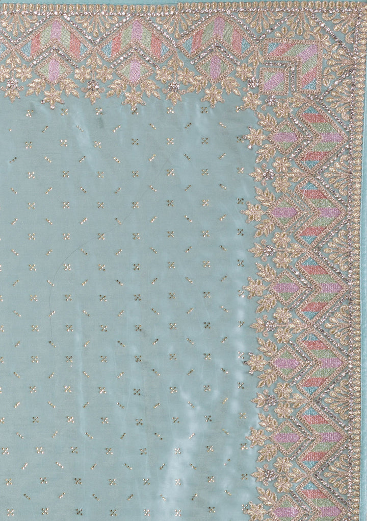 Sky Blue Stonework Satin Saree-Koskii