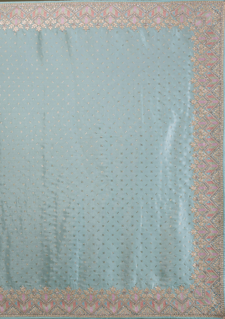 Sky Blue Stonework Satin Saree-Koskii