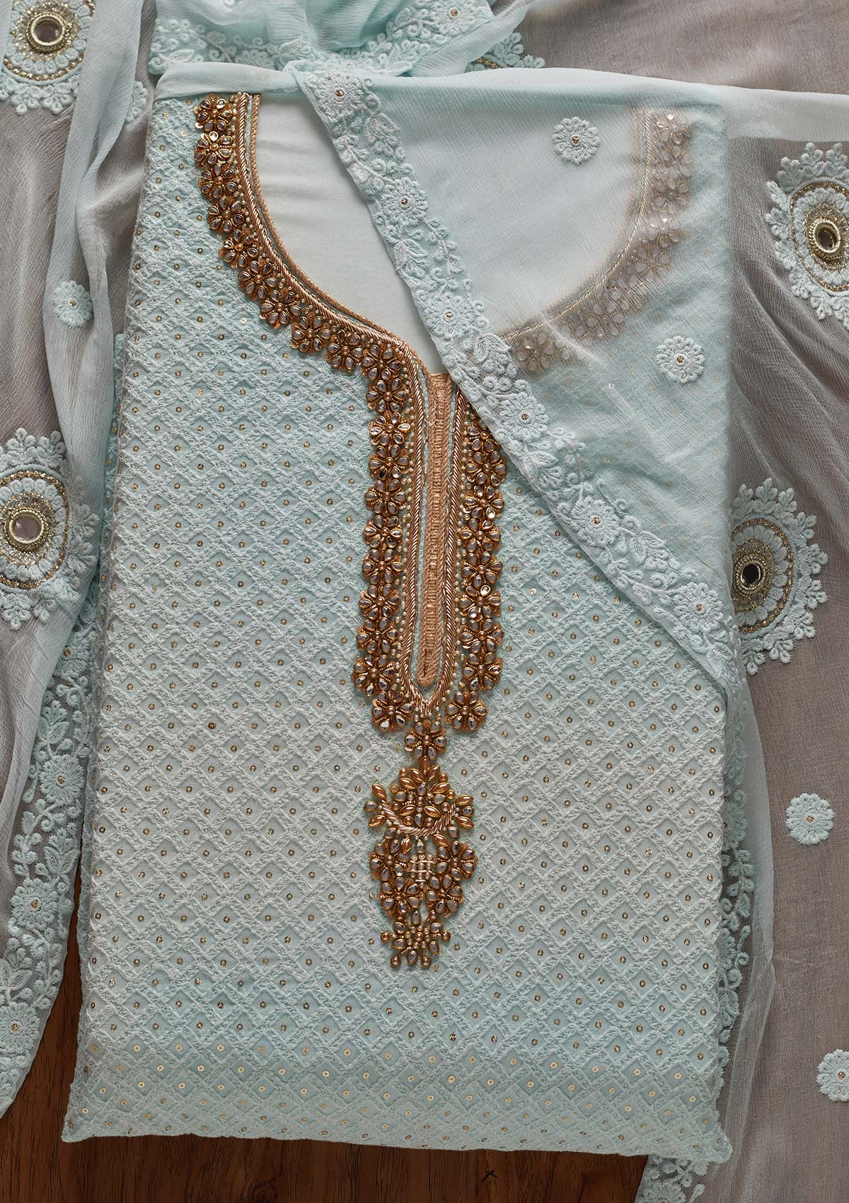 Sky Blue Stonework Georgette Designer Unstitched Salwar Suit - koskii