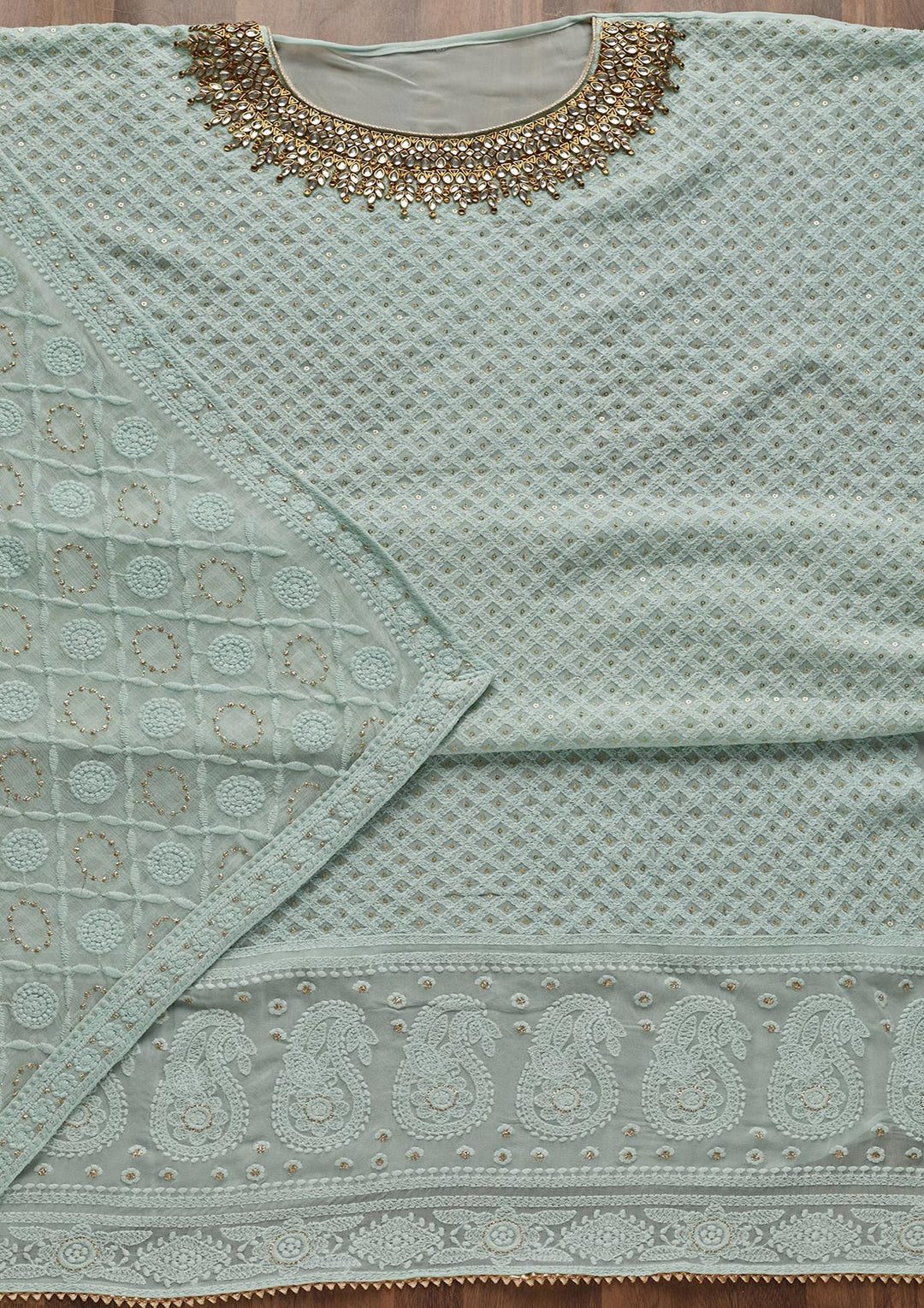 Sea Green Stonework Georgette Unstitched Salwar Suit - Koskii