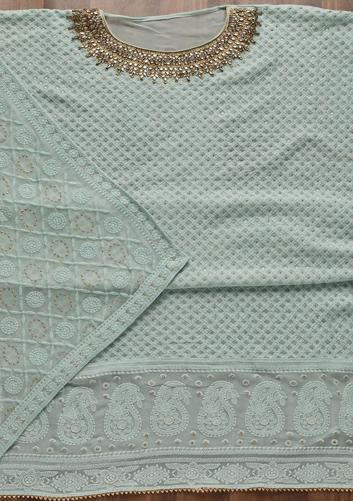 Sea Green Stonework Georgette Unstitched Salwar Suit - Koskii