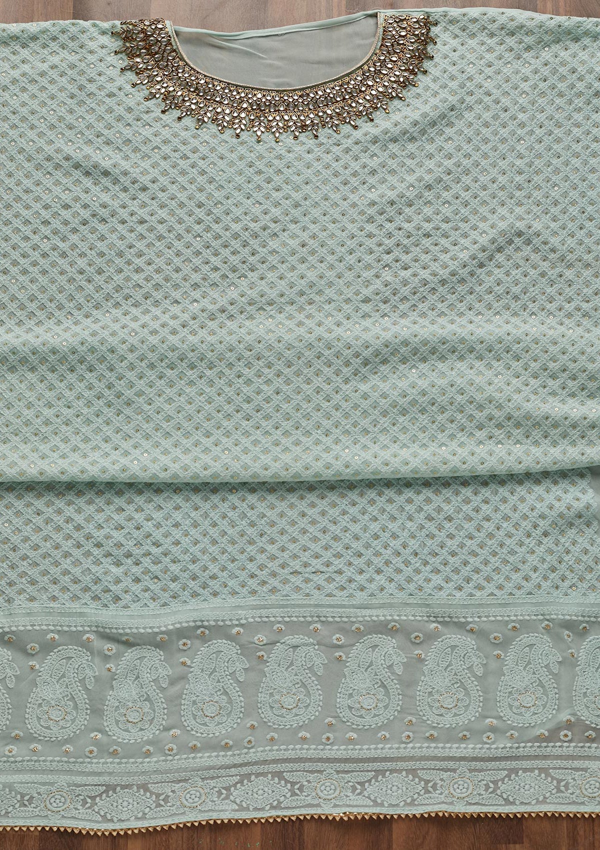 Sea Green Stonework Georgette Unstitched Salwar Suit - Koskii