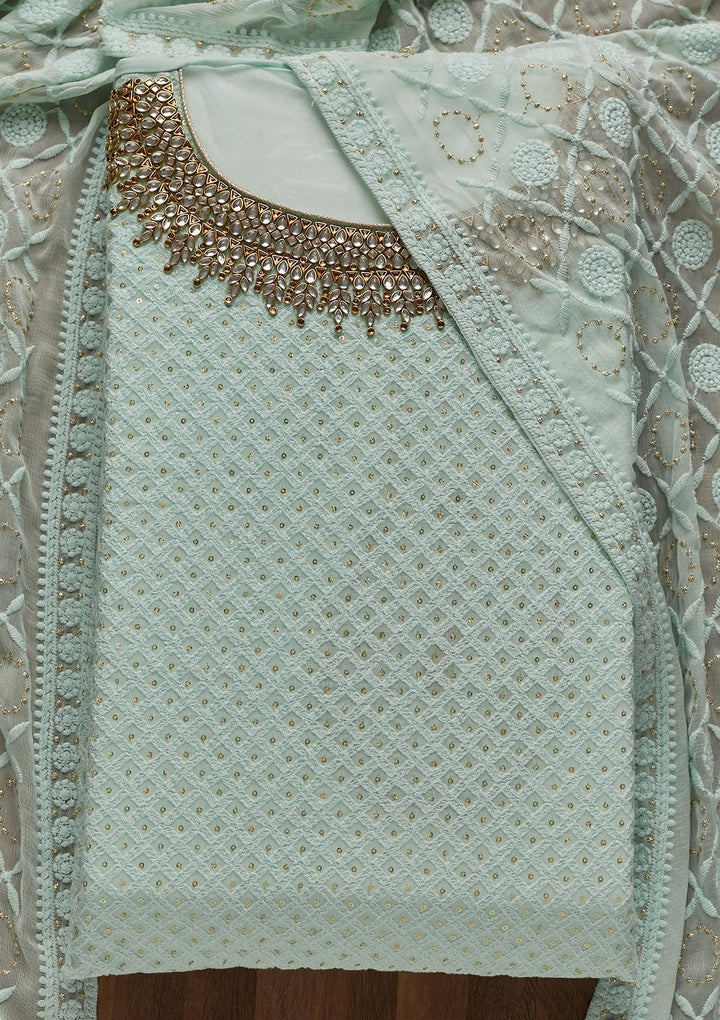 Sea Green Stonework Georgette Unstitched Salwar Suit - Koskii