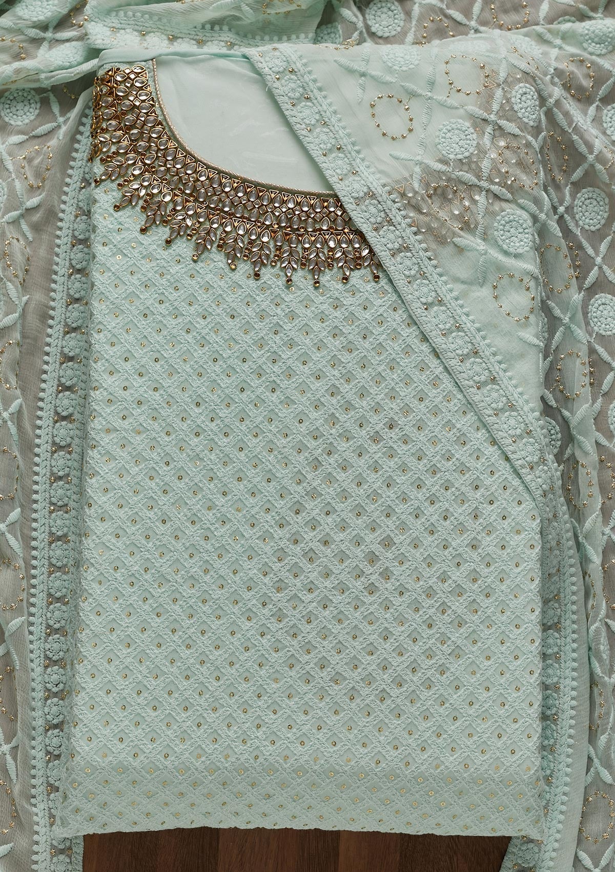 Sea Green Stonework Georgette Unstitched Salwar Suit - Koskii