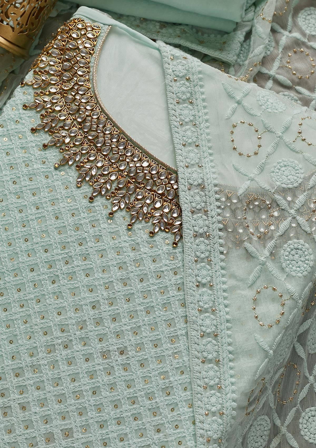 Sea Green Stonework Georgette Unstitched Salwar Suit - Koskii