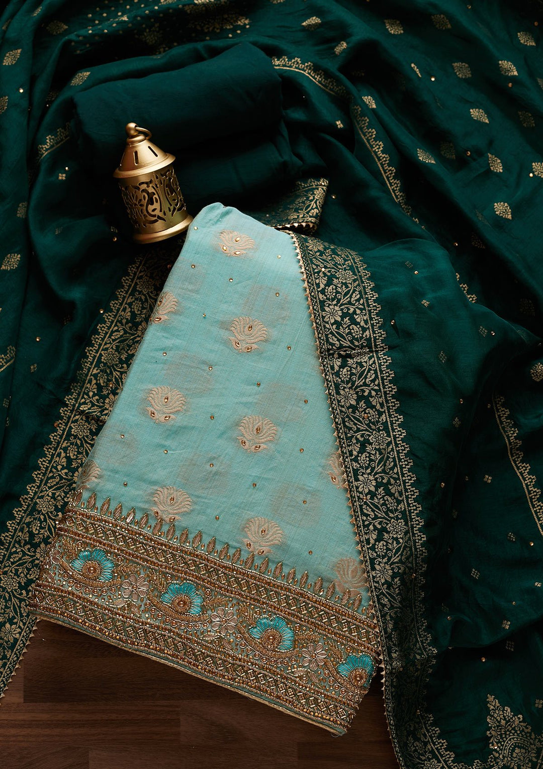 Sky Blue Stonework Semi Crepe Designer Unstitched Salwar Suit - Koskii