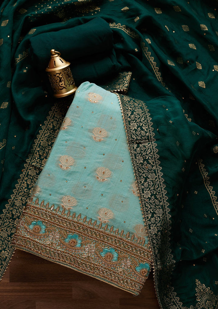 Sky Blue Stonework Semi Crepe Designer Unstitched Salwar Suit - Koskii