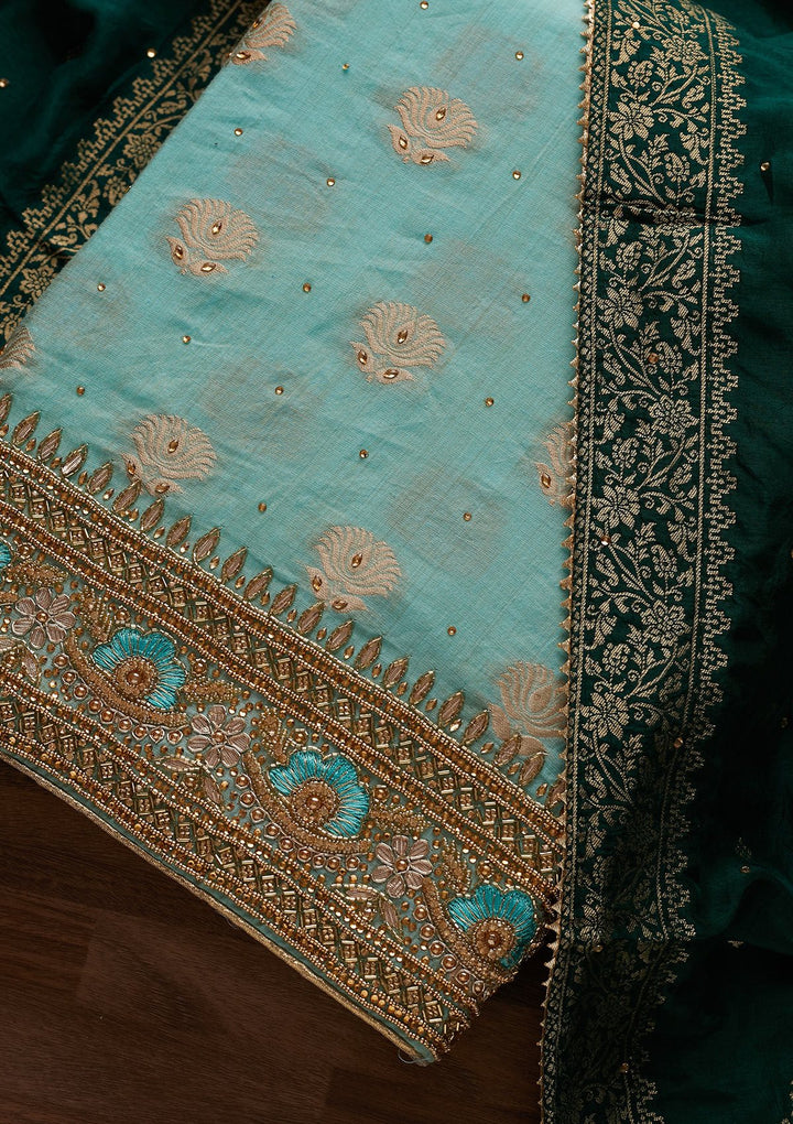 Sky Blue Stonework Semi Crepe Designer Unstitched Salwar Suit - Koskii