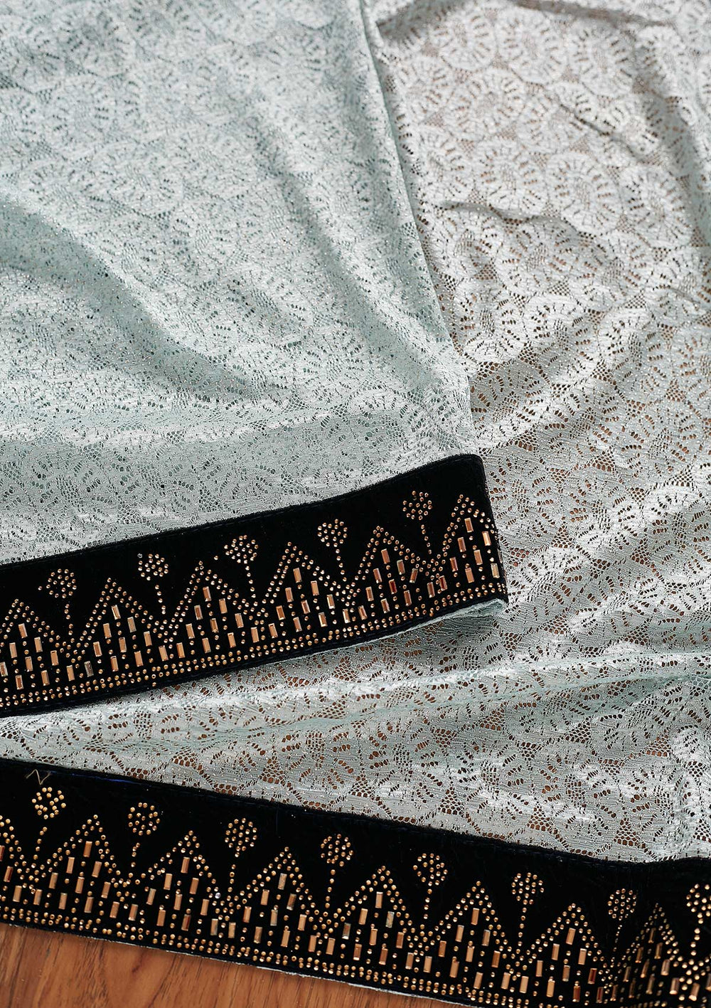 Sky Blue Swarovski Net Designer Saree - koskii