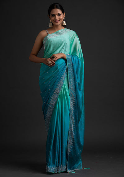 Sky Blue Swarovski Semi Crepe Designer Saree - koskii