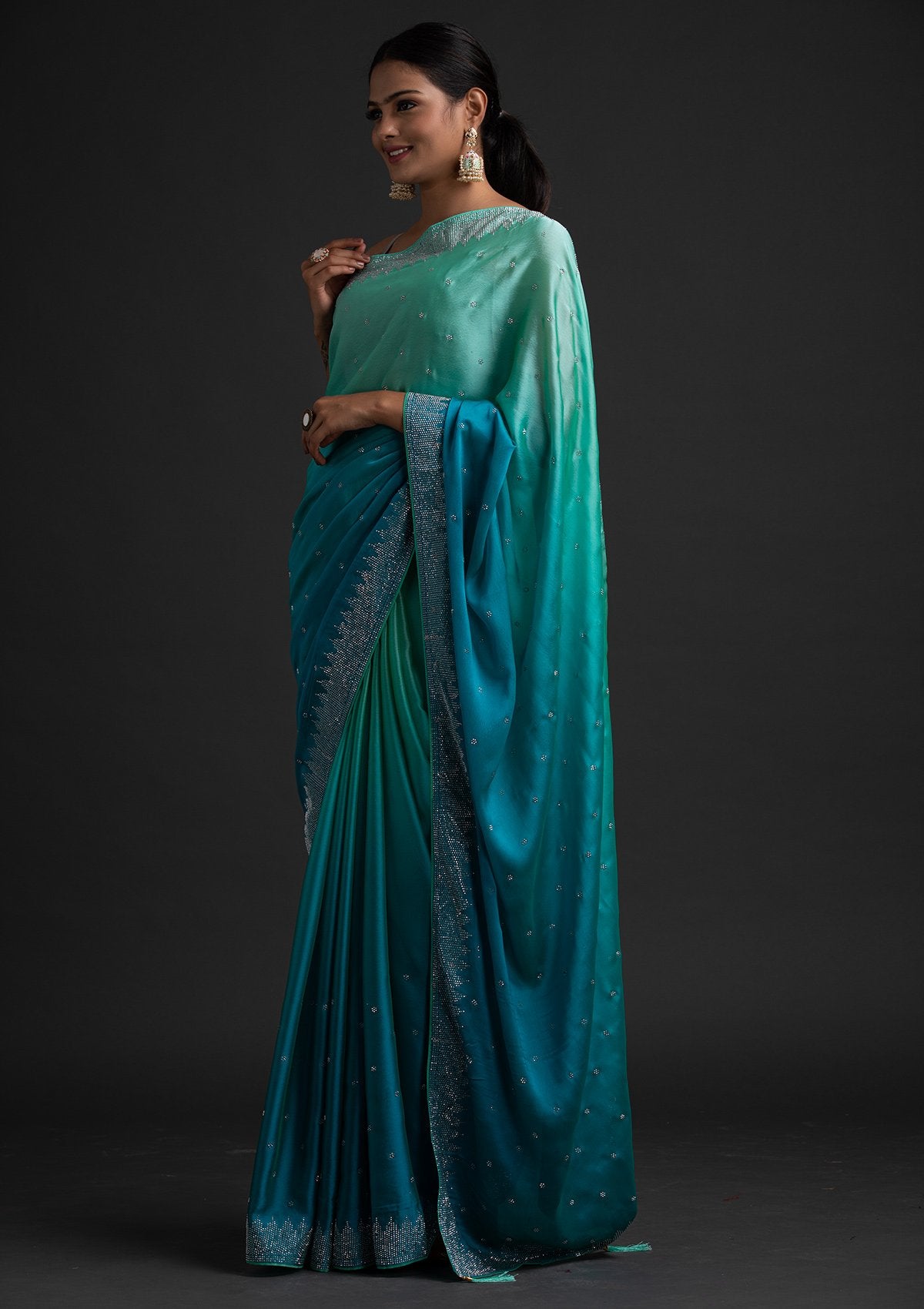 Sky Blue Swarovski Semi Crepe Designer Saree - koskii
