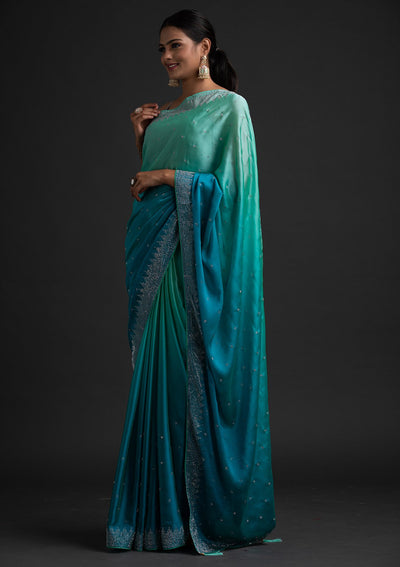 Sky Blue Swarovski Semi Crepe Designer Saree - koskii