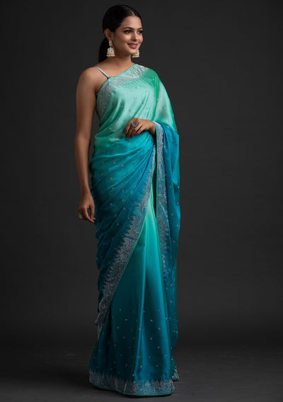 Sky Blue Swarovski Semi Crepe Designer Saree - koskii
