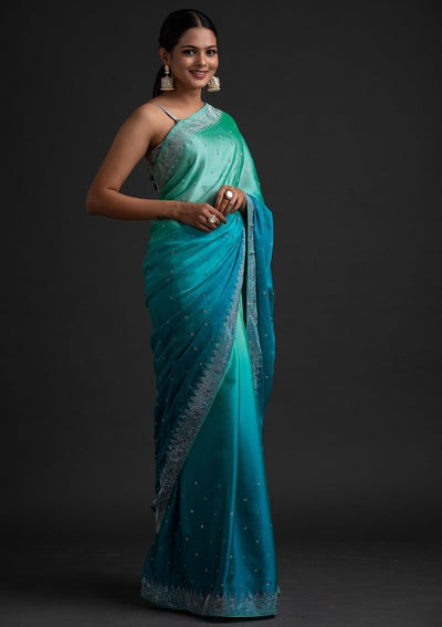 Sky Blue Swarovski Semi Crepe Designer Saree - koskii