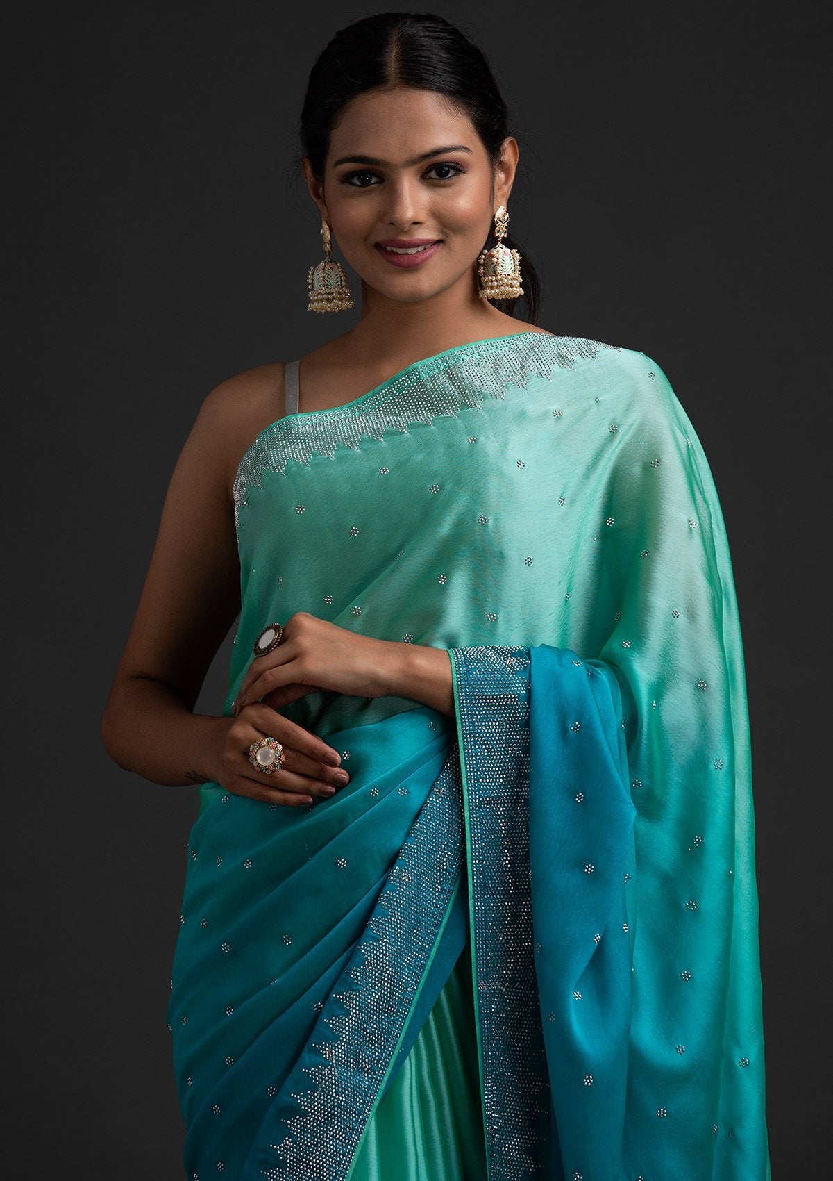 Sky Blue Swarovski Semi Crepe Designer Saree - koskii
