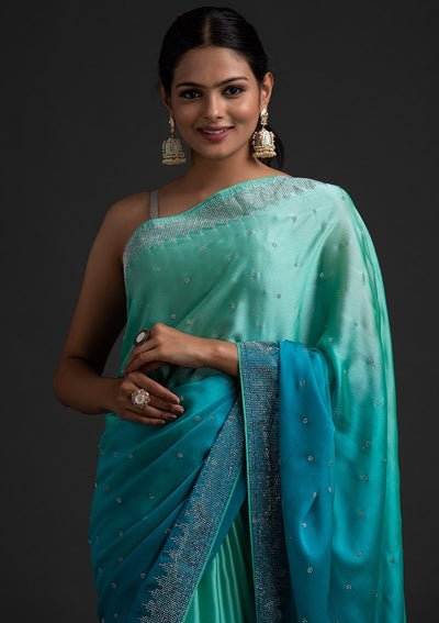 Sky Blue Swarovski Semi Crepe Designer Saree - koskii
