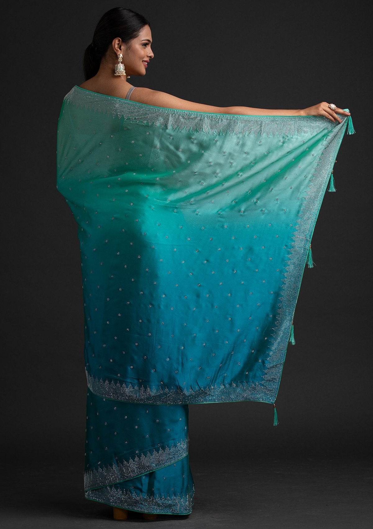 Sky Blue Swarovski Semi Crepe Designer Saree - koskii