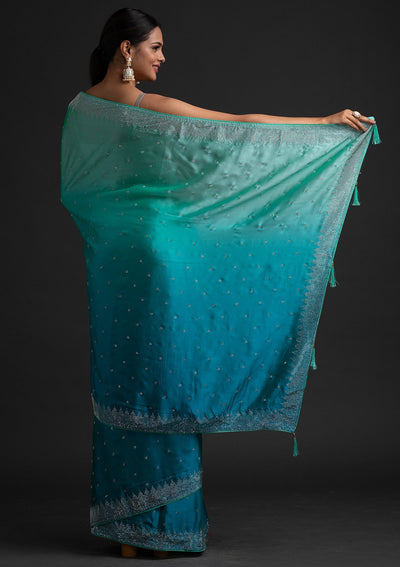 Sky Blue Swarovski Semi Crepe Designer Saree - koskii