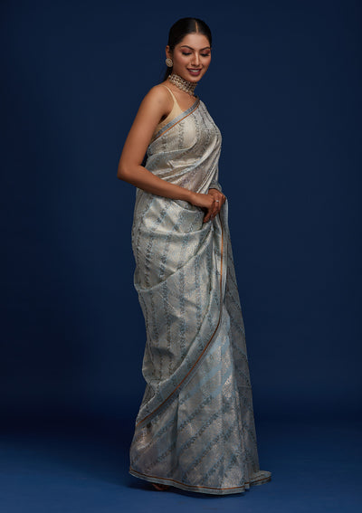 Sky Blue Swarovski Tissue Designer Saree - Koskii