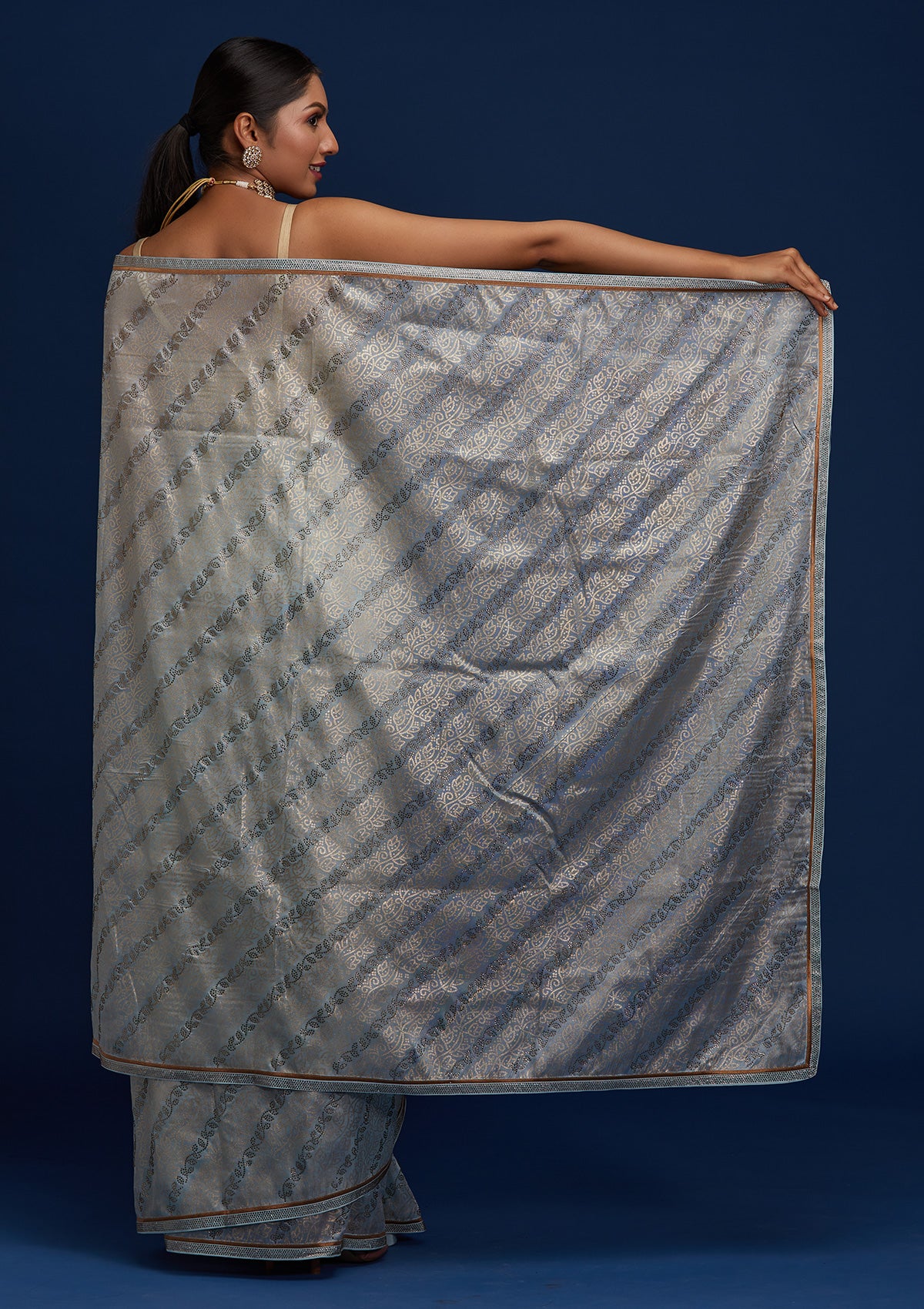Sky Blue Swarovski Tissue Designer Saree - Koskii