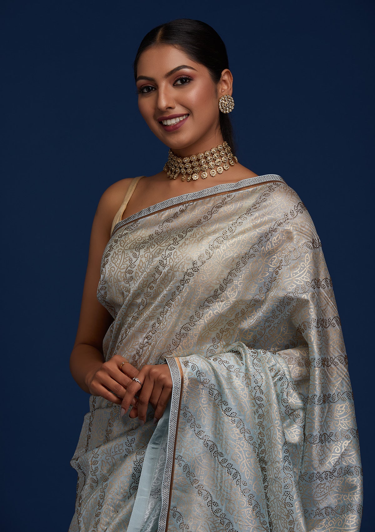 Sky Blue Swarovski Tissue Designer Saree - Koskii