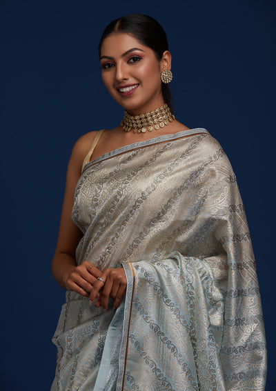 Sky Blue Swarovski Tissue Designer Saree - Koskii