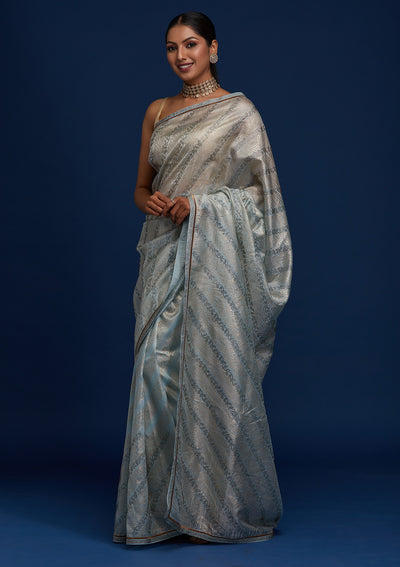 Sky Blue Swarovski Tissue Designer Saree - Koskii
