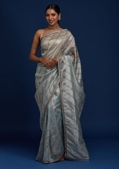Sky Blue Swarovski Tissue Designer Saree - Koskii