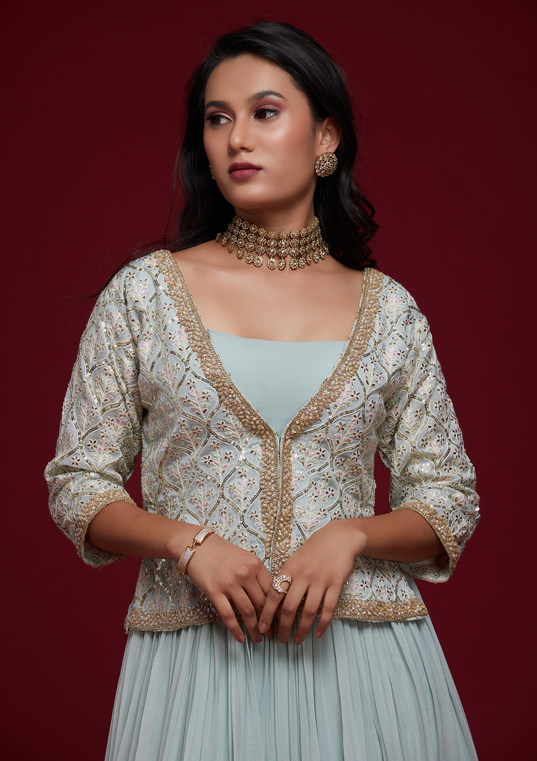 Sky Blue Threadwork Georgette Designer Lehenga - Koskii