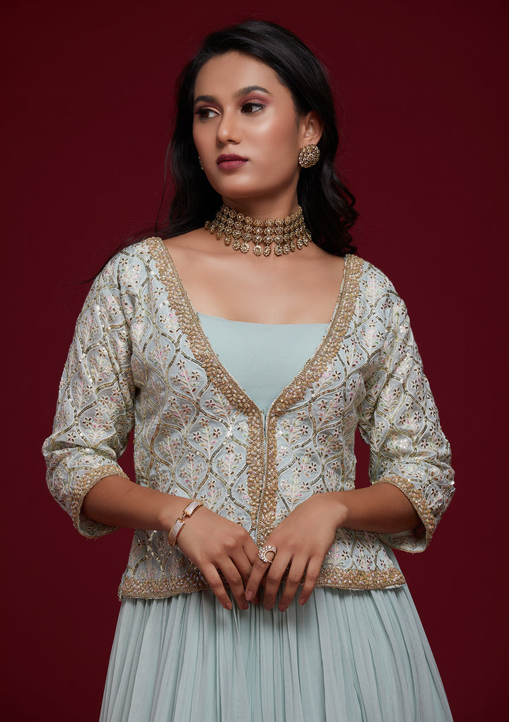 Sky Blue Threadwork Georgette Designer Lehenga - Koskii
