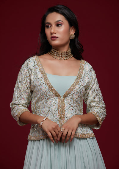 Sky Blue Threadwork Georgette Designer Lehenga - Koskii
