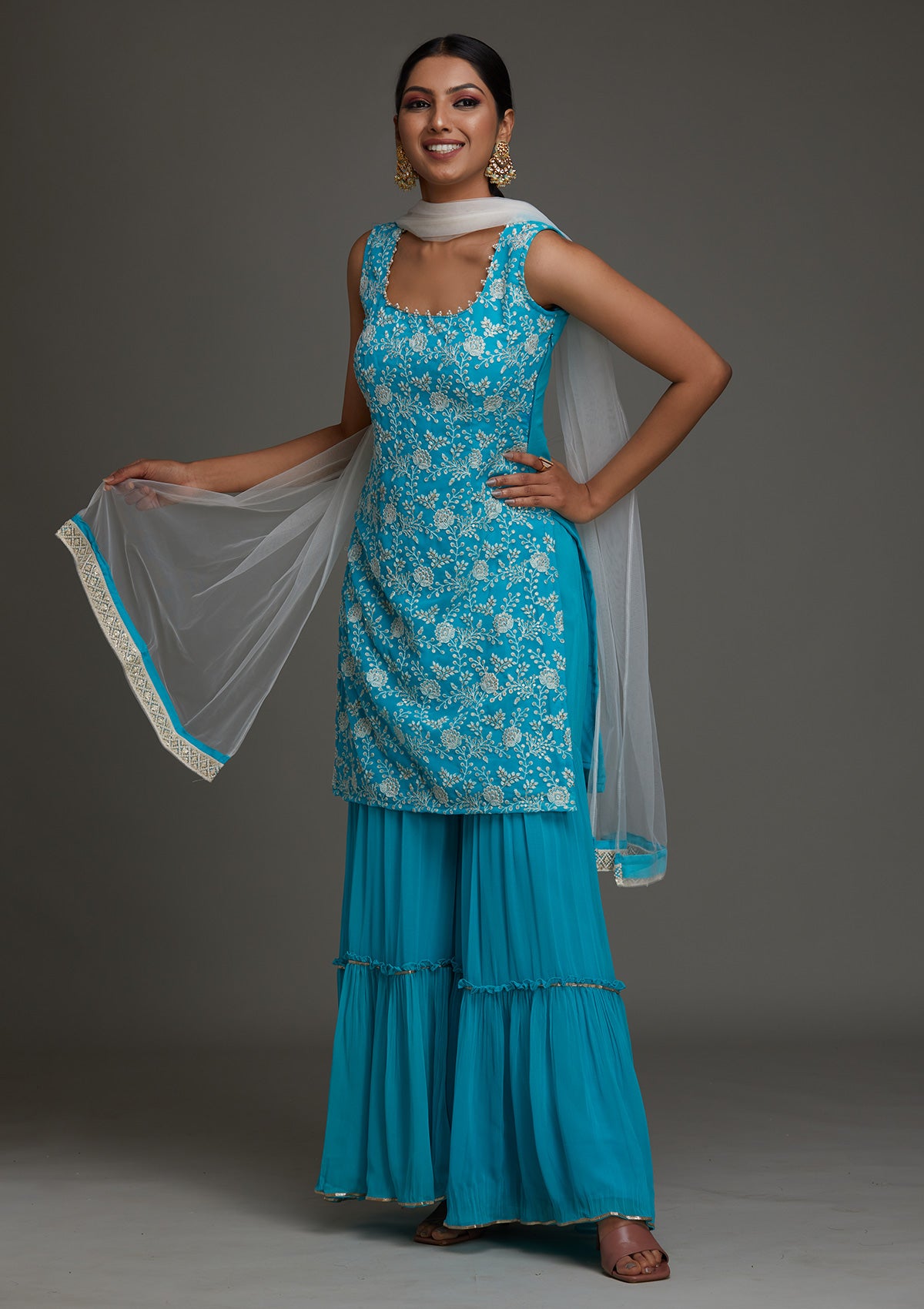 Sky Blue Threadwork Georgette Designer Salwar Suit- Koskii