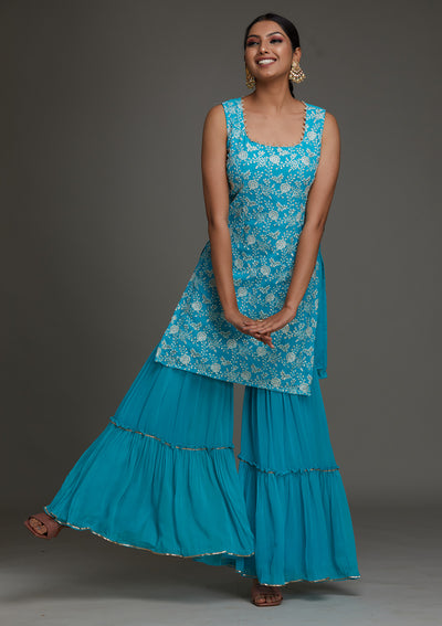 Sky Blue Threadwork Georgette Designer Salwar Suit - Koskii