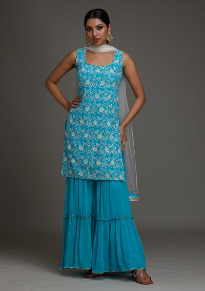 Sky Blue Threadwork Georgette Designer Salwar Suit - Koskii