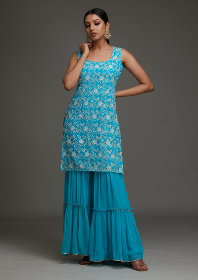 Sky Blue Threadwork Georgette Designer Salwar Suit - Koskii