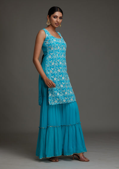 Sky Blue Threadwork Georgette Designer Salwar Suit - Koskii
