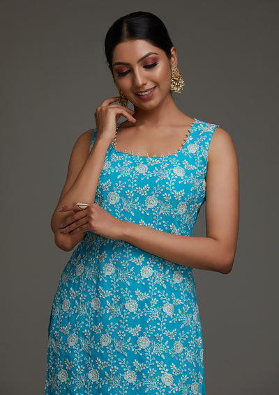 Sky Blue Threadwork Georgette Designer Salwar Suit - Koskii