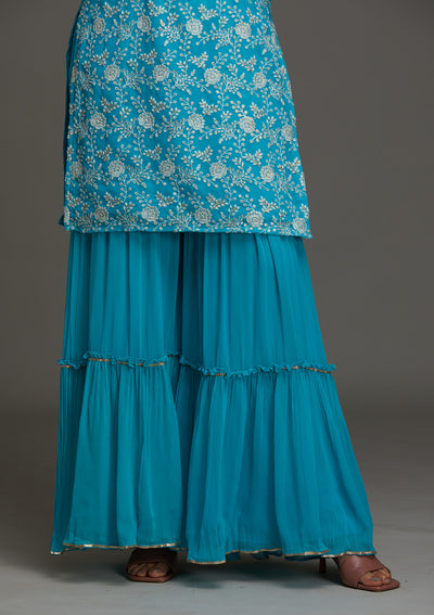 Sky Blue Threadwork Georgette Designer Salwar Suit - Koskii
