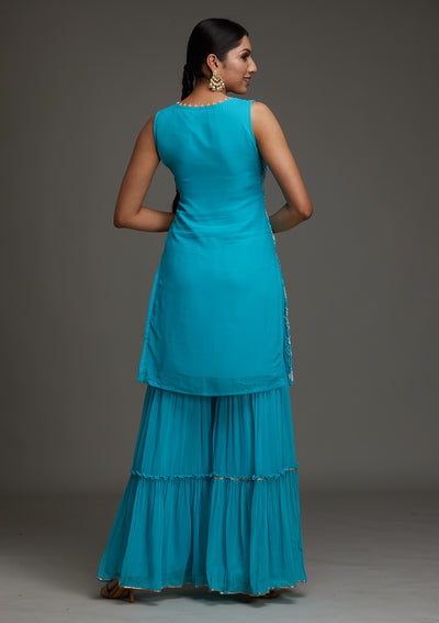 Sky Blue Threadwork Georgette Designer Salwar Suit - Koskii