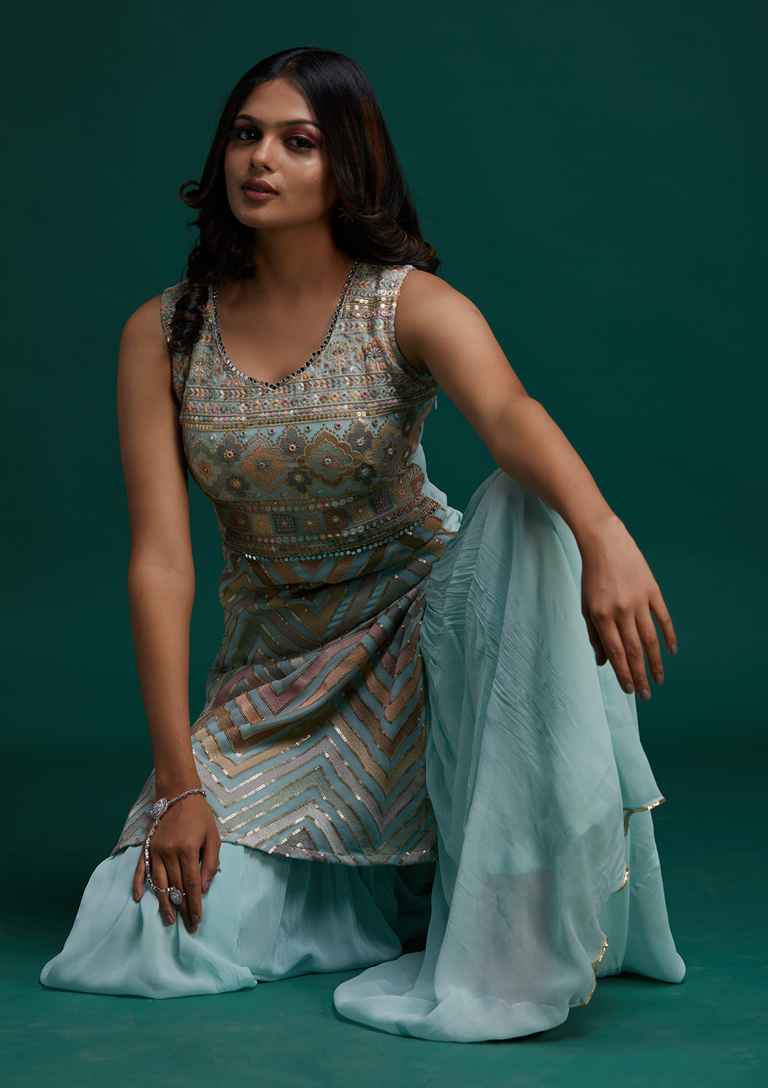 Sky Blue Threadwork Georgette Designer Salwar Suit- Koskii