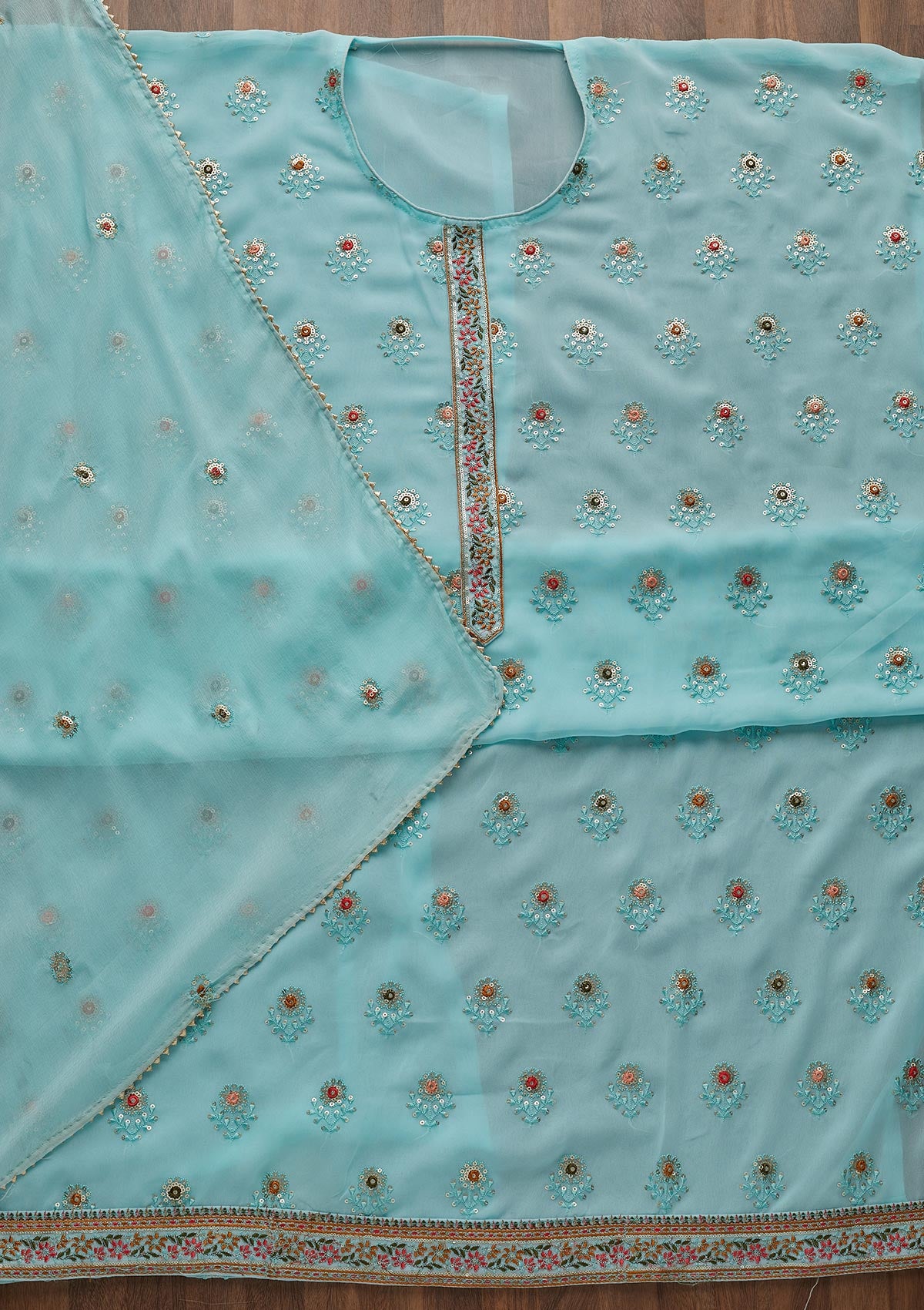 Sky Blue Threadwork Georgette Semi-Stitched Salwar Suit-Koskii